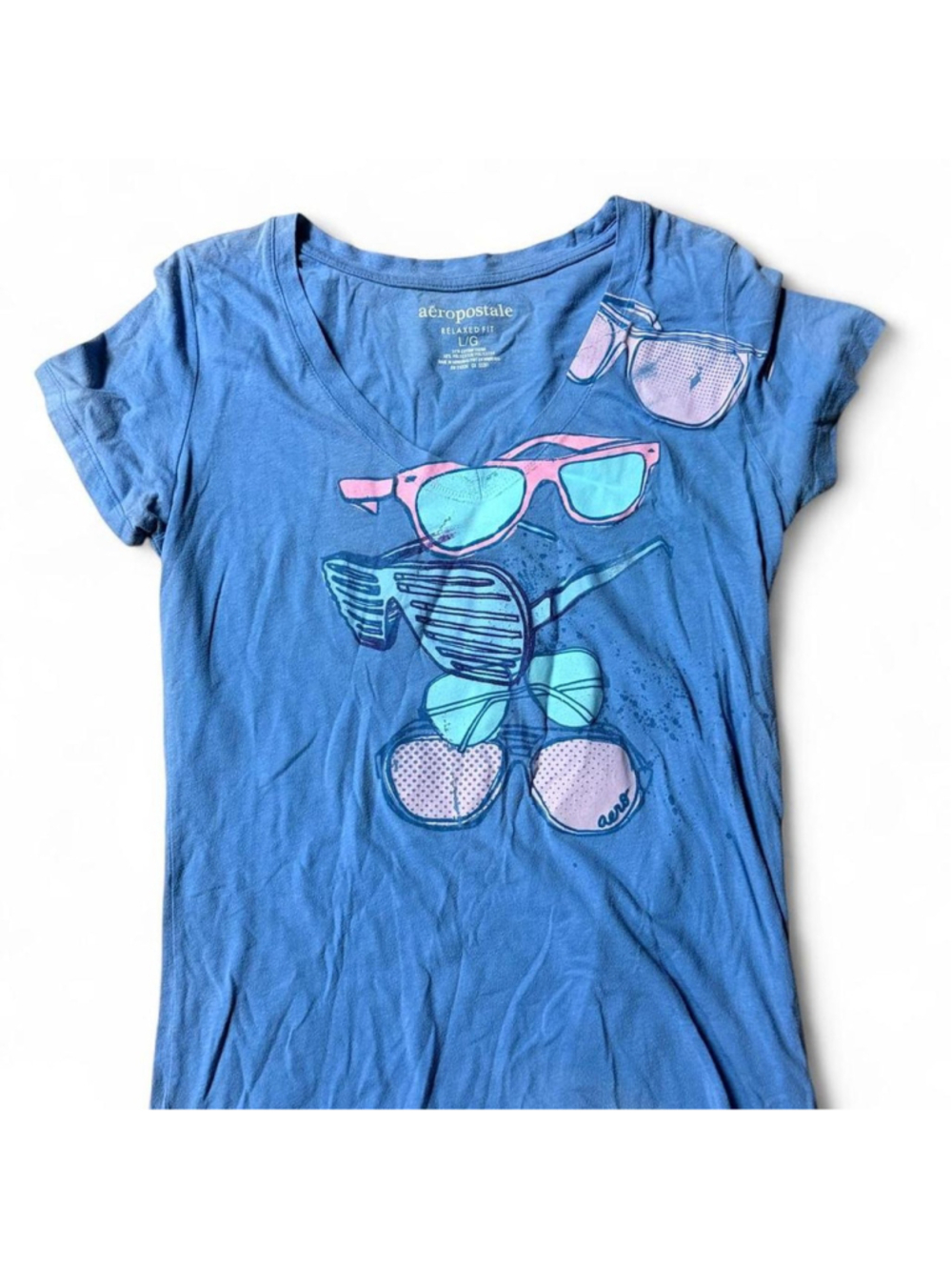 Blue Aeropostale cotton & polyester t-shirt with graphic of sunglasses and a fis